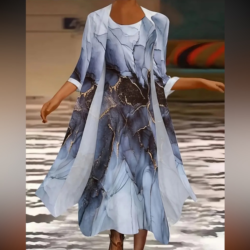 NEW Chic Long Sleeve Blue Marble Dress
